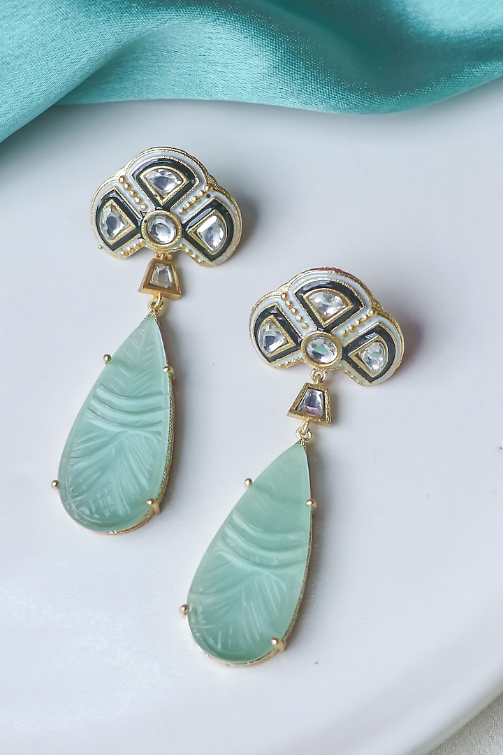 Gold Finish Mint Carved Stone Dangler Earrings by Johori at Pernia's Pop Up Shop