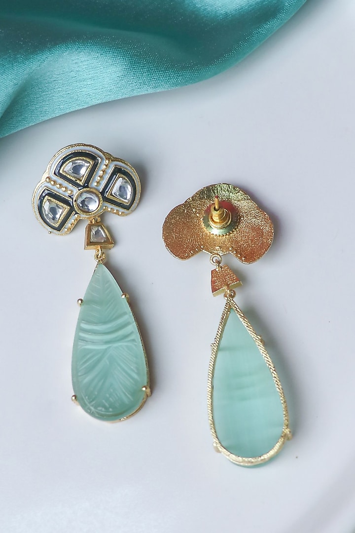 Gold Finish Mint Carved Stone Dangler Earrings by Johori at Pernia's Pop Up Shop