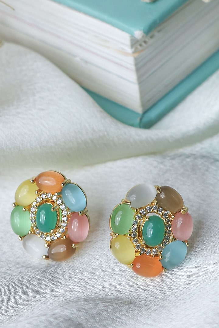 Gold Finish Multi-Colored Synthetic Stones Handmade Stud Earrings by Johori at Pernia's Pop Up Shop