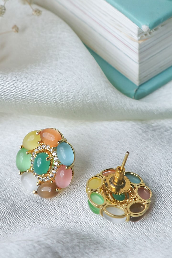 Gold Finish Multi-Colored Synthetic Stones Handmade Stud Earrings by Johori at Pernia's Pop Up Shop