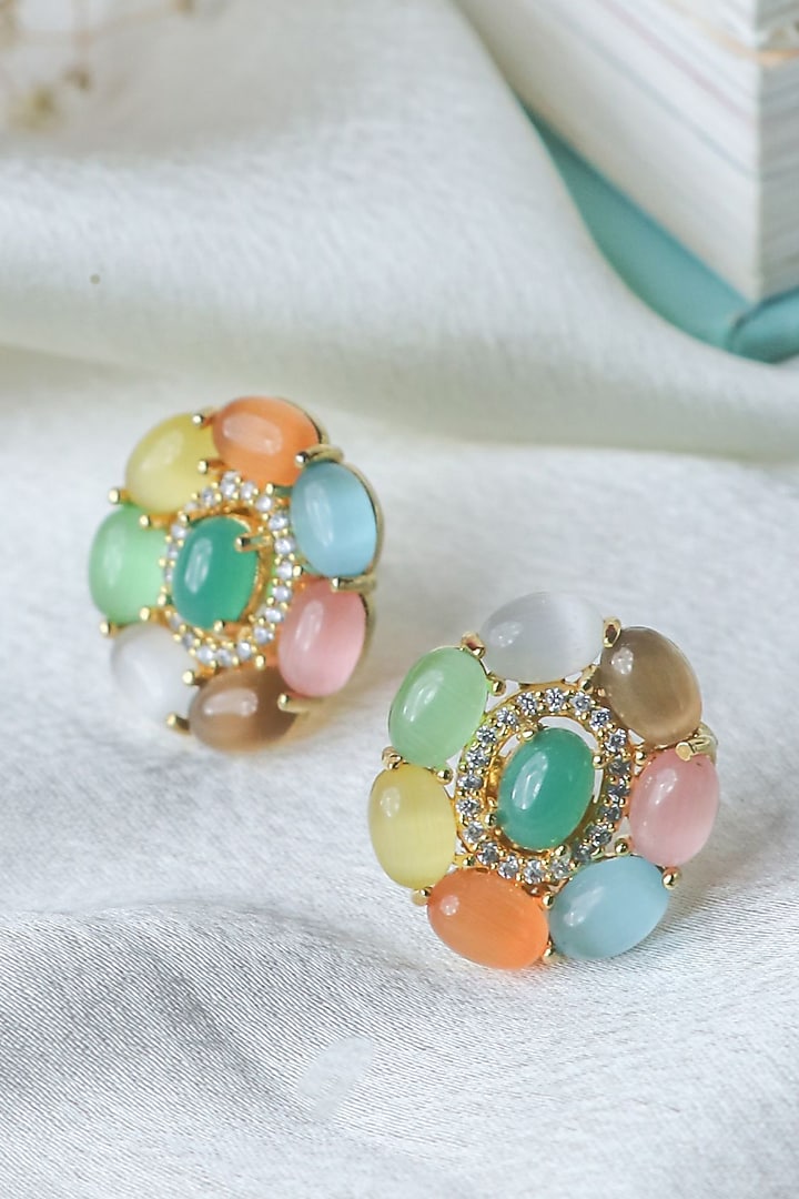 Gold Finish Multi-Colored Synthetic Stones Handmade Stud Earrings by Johori at Pernia's Pop Up Shop
