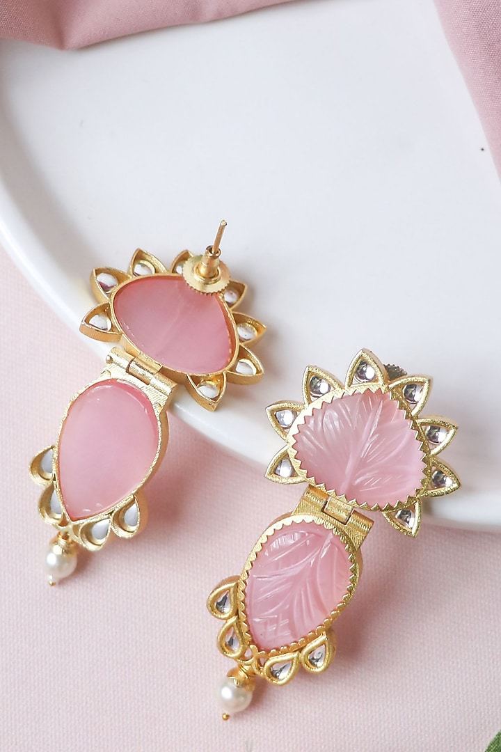 Gold Finish Pink Synthetic Stones Handcrafted Dangler Earrings by Johori at Pernia's Pop Up Shop