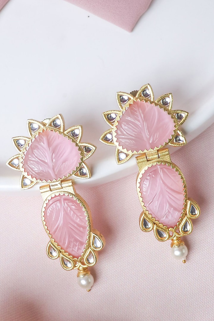 Gold Finish Pink Synthetic Stones Handcrafted Dangler Earrings by Johori at Pernia's Pop Up Shop