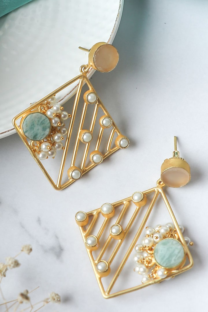 Matte Gold Finish Pastel Multi-Colored Stones Handcrafted Dangler Earrings by Johori at Pernia's Pop Up Shop