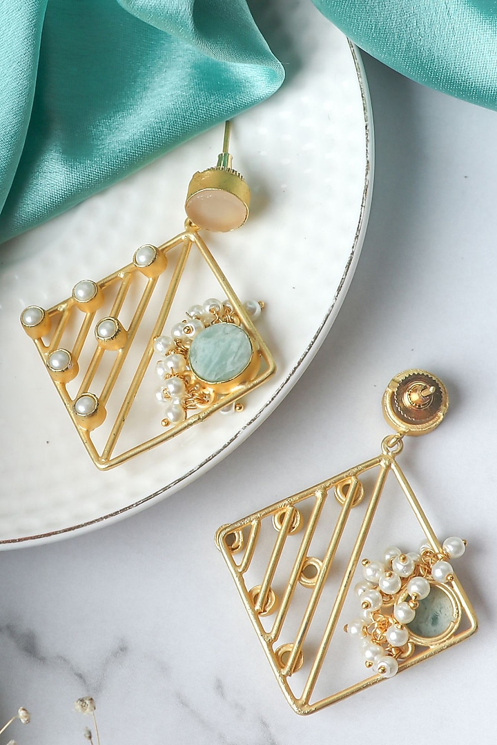 Matte Gold Finish Pastel Multi-Colored Stones Handcrafted Dangler Earrings by Johori at Pernia's Pop Up Shop