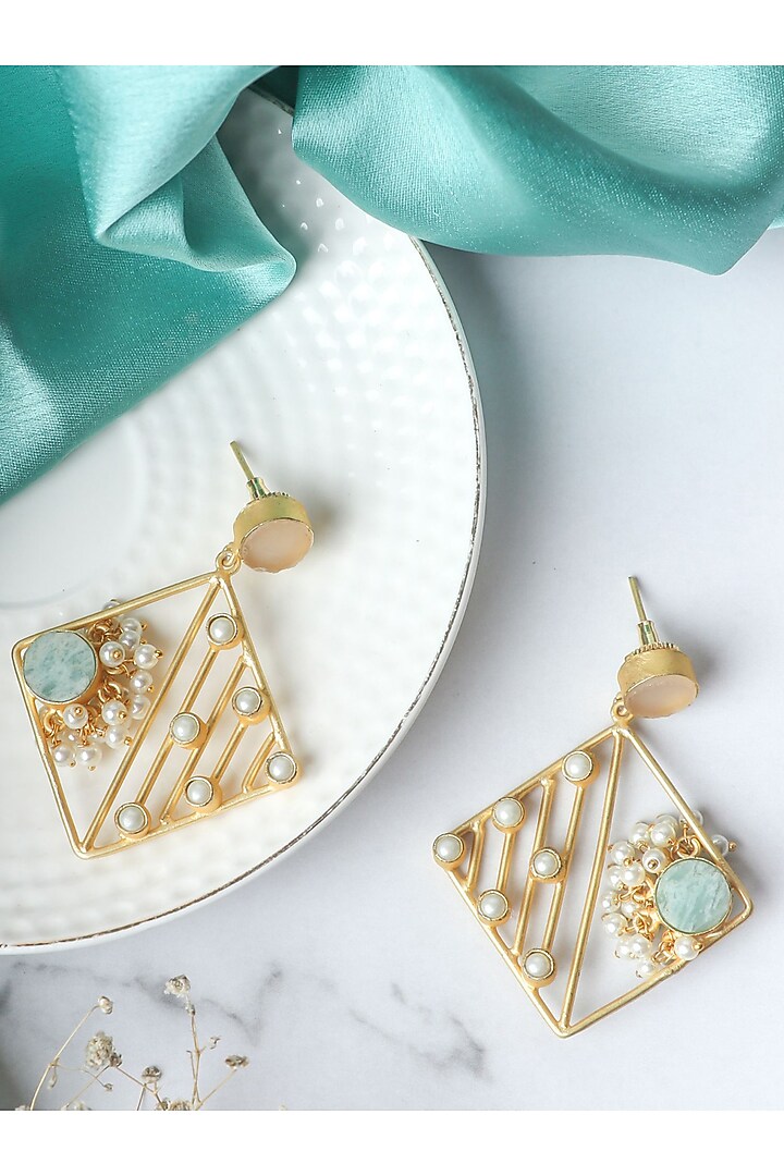 Matte Gold Finish Pastel Multi-Colored Stones Handcrafted Dangler Earrings by Johori at Pernia's Pop Up Shop