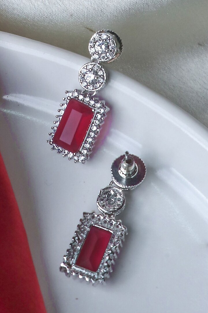 White Finish Ruby Synthetic & CZ Stone Dangler Earrings by Johori at Pernia's Pop Up Shop