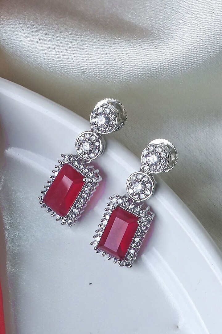 White Finish Ruby Synthetic & CZ Stone Dangler Earrings by Johori at Pernia's Pop Up Shop