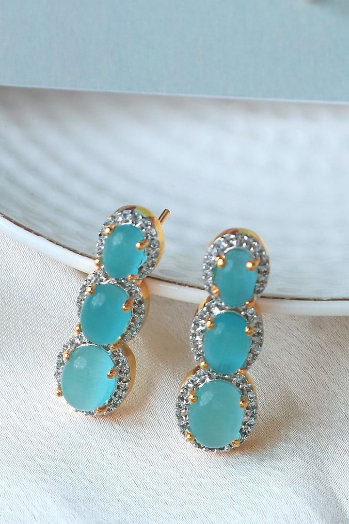Gold Finish Aqua Blue Synthetic Stone Stud Earrings by Johori at Pernia's Pop Up Shop