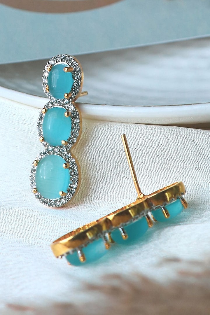 Gold Finish Aqua Blue Synthetic Stone Stud Earrings by Johori at Pernia's Pop Up Shop