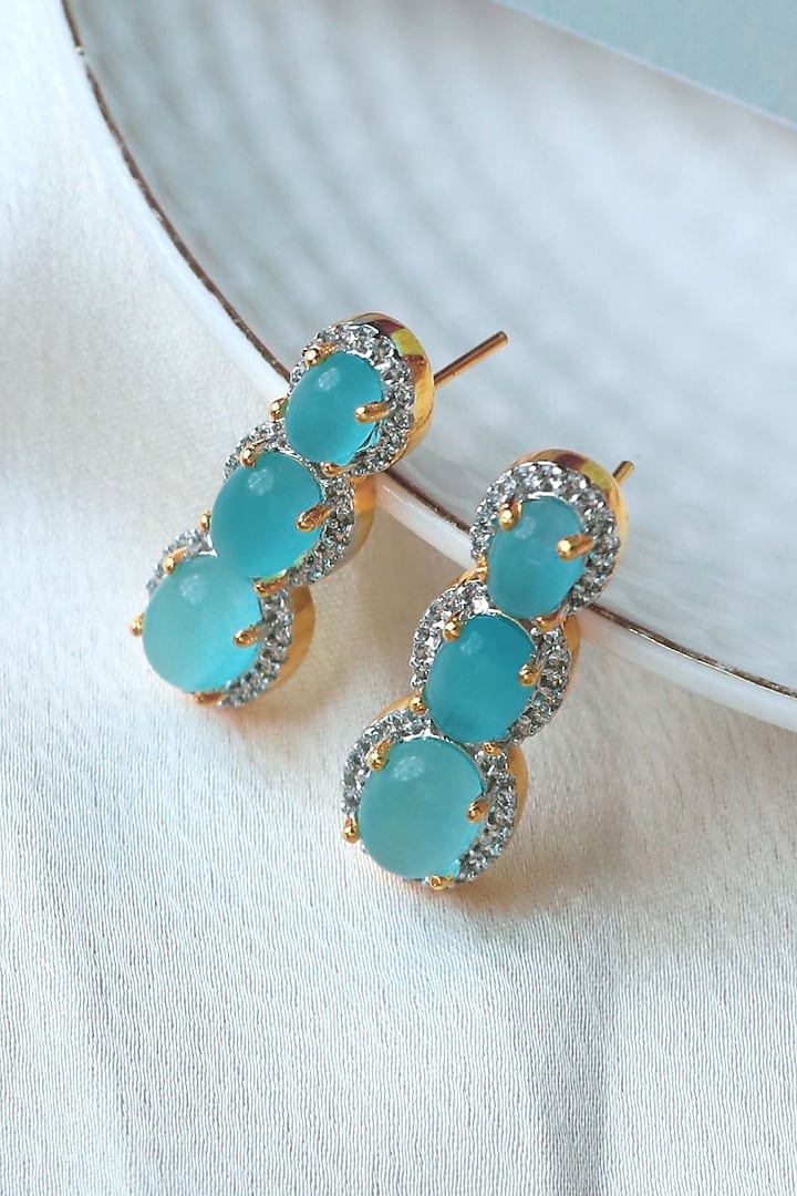 Gold Finish Aqua Blue Synthetic Stone Stud Earrings by Johori at Pernia's Pop Up Shop