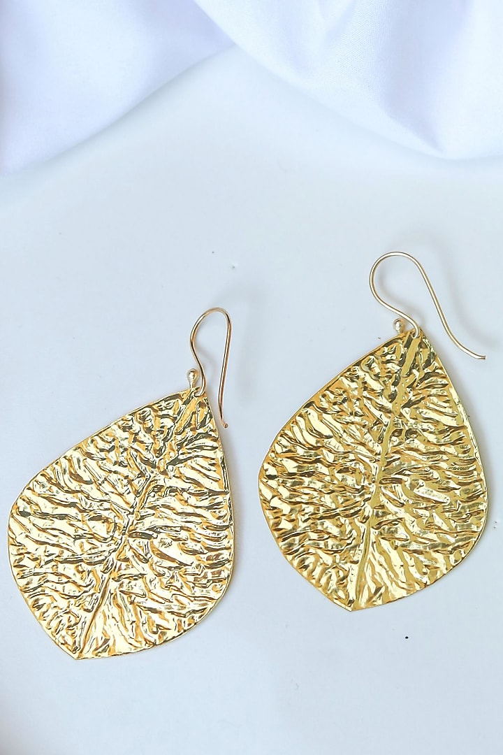 Gold Finish Handcrafted Leaf Hoop Earrings by Johori at Pernia's Pop Up Shop