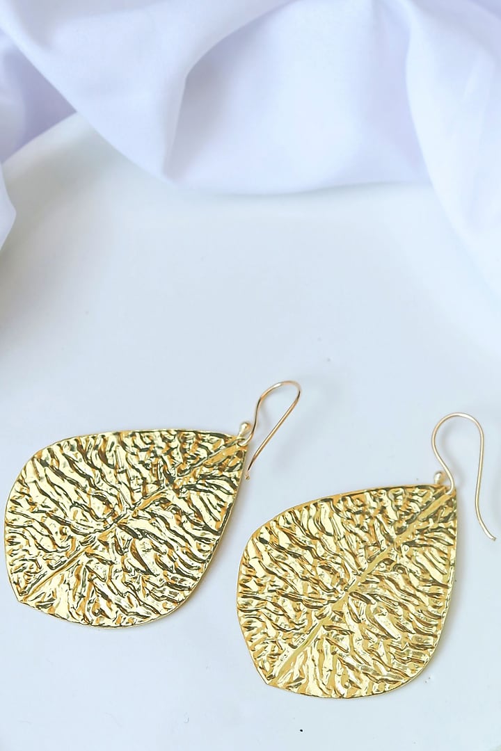 Gold Finish Handcrafted Leaf Hoop Earrings by Johori at Pernia's Pop Up Shop