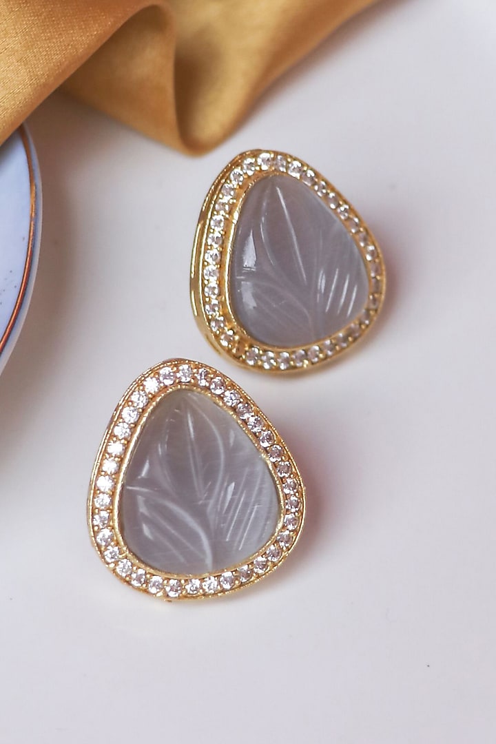 Gold Finish Grey Synthetic & CZ Sonted Stud Earrings by Johori at Pernia's Pop Up Shop