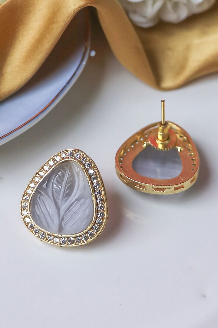 Gold Finish Grey Synthetic & CZ Sonted Stud Earrings by Johori at Pernia's Pop Up Shop