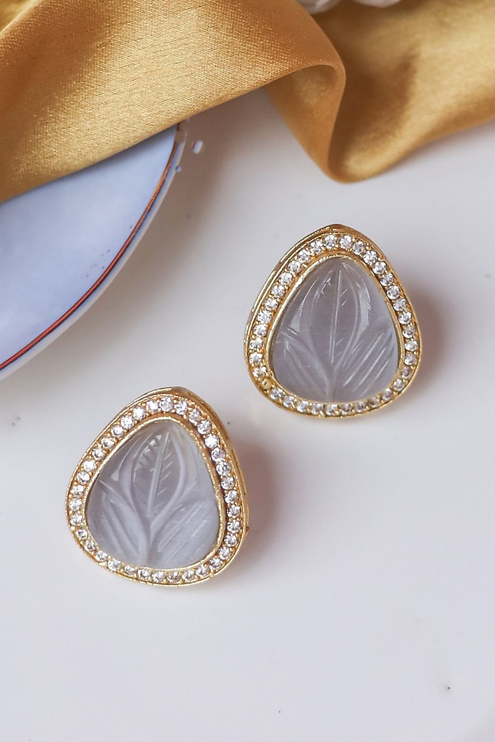 Gold Finish Grey Synthetic & CZ Sonted Stud Earrings by Johori at Pernia's Pop Up Shop