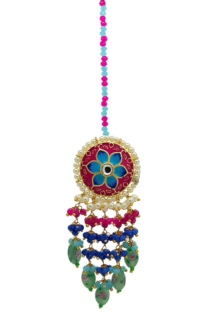 Gold Finish Enameled Rani Pink Meenakari Maang tikka Set by Johori at Pernia's Pop Up Shop