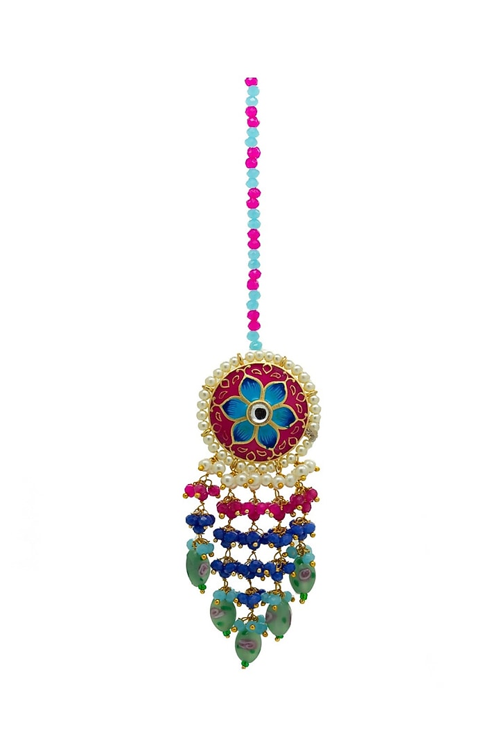Gold Finish Enameled Rani Pink Meenakari Maang tikka Set by Johori at Pernia's Pop Up Shop
