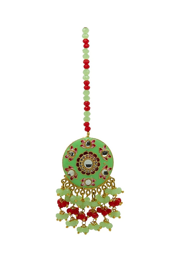 Gold Finish Green Beaded Meenakari Maang tikka Set by Johori at Pernia's Pop Up Shop