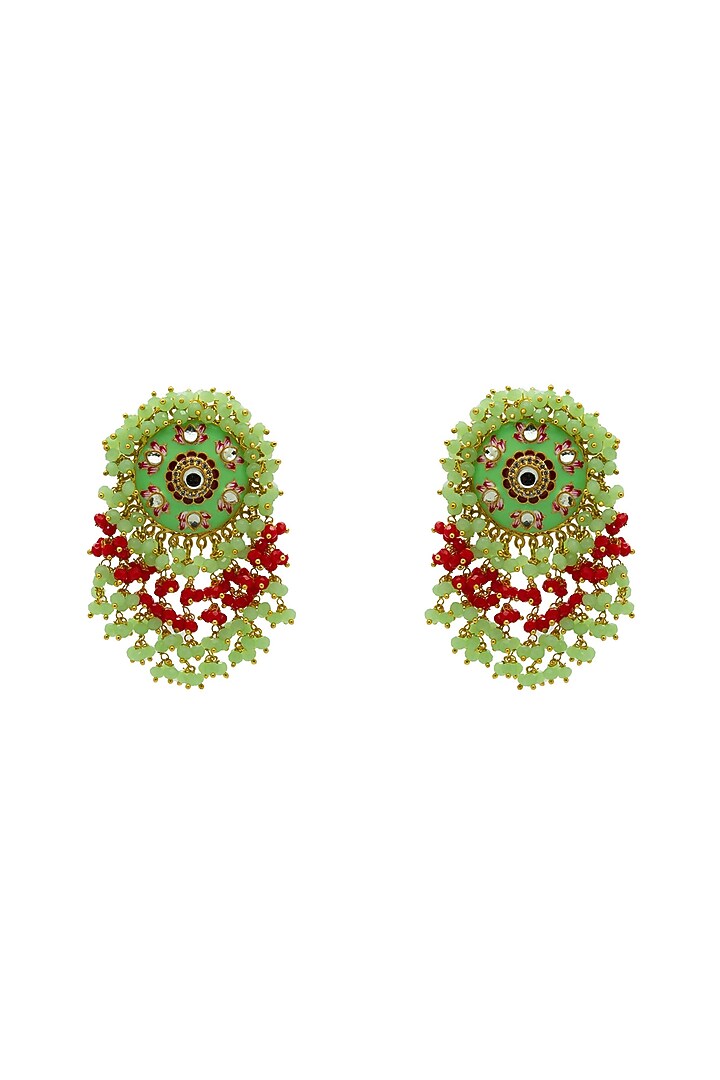 Gold Finish Green Beaded Meenakari Maang tikka Set by Johori at Pernia's Pop Up Shop
