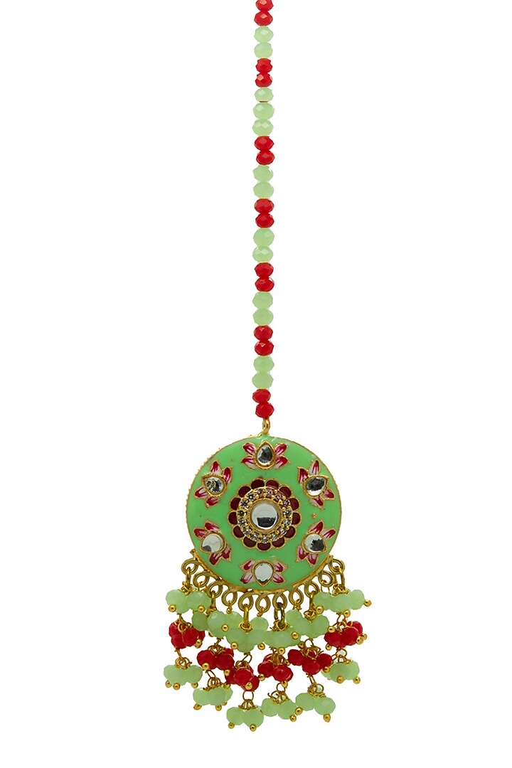 Gold Finish Green Beaded Meenakari Maang tikka Set by Johori at Pernia's Pop Up Shop