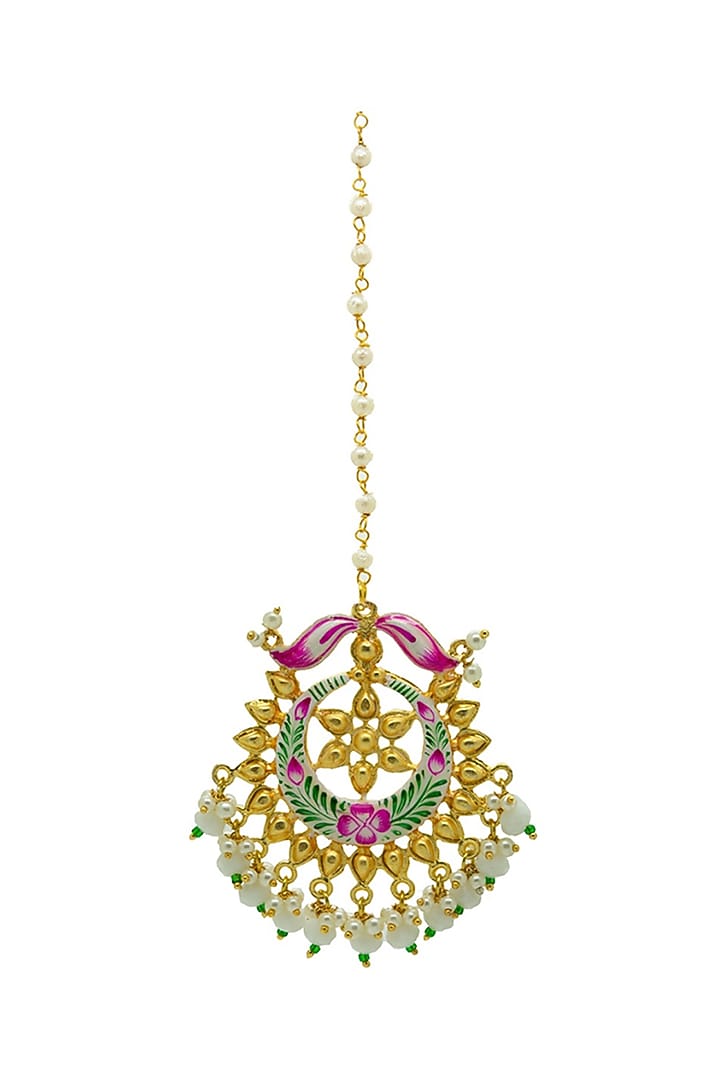 Gold Finish Enameled Handpainted Floral Maang tikka Set by Johori at Pernia's Pop Up Shop
