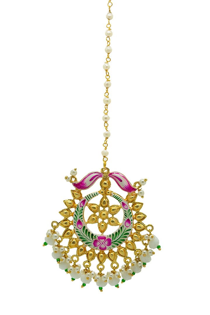 Gold Finish Enameled Handpainted Floral Maang tikka Set by Johori at Pernia's Pop Up Shop