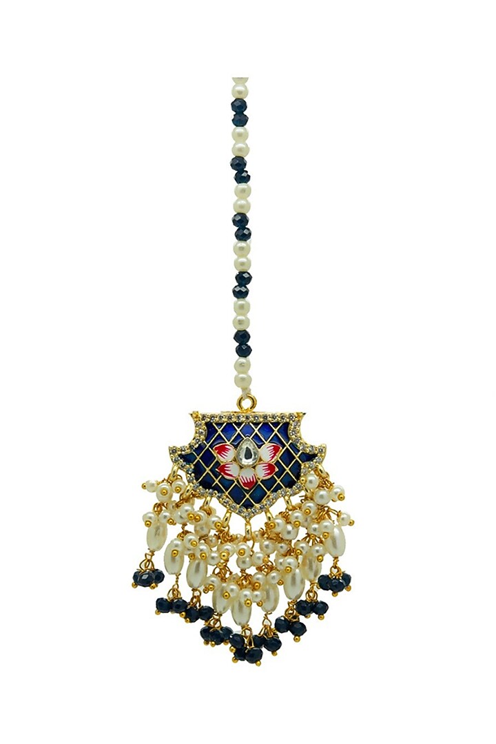 Gold Finish Blue Beaded Enameled Meenakari Maang tikka Set by Johori at Pernia's Pop Up Shop
