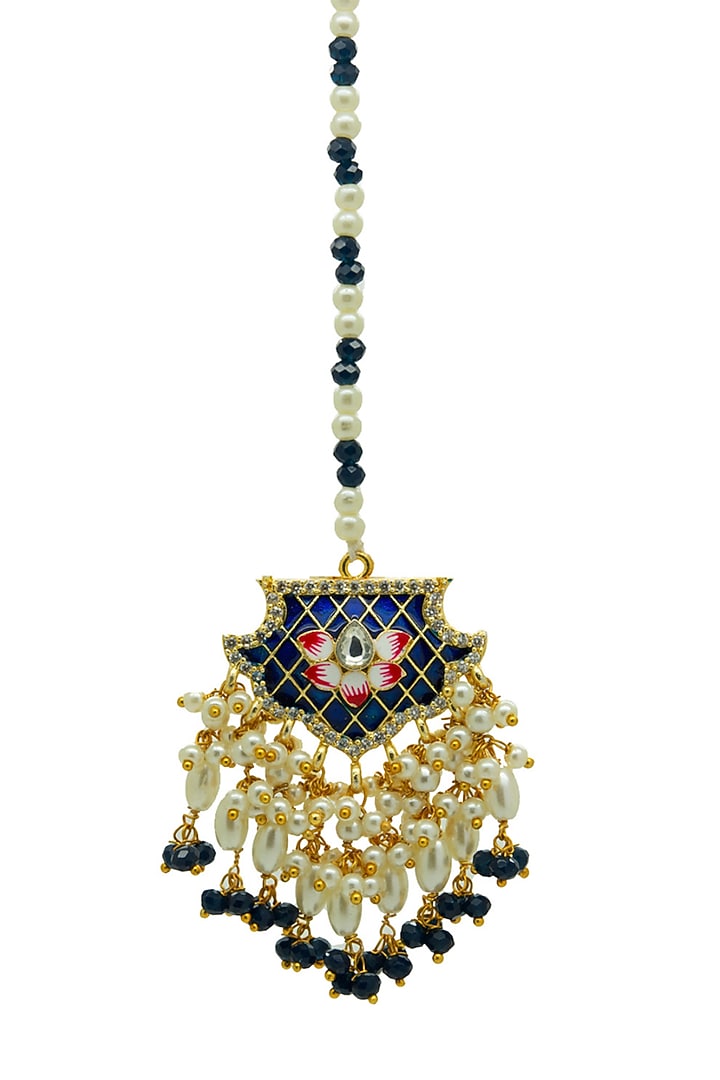 Gold Finish Blue Beaded Enameled Meenakari Maang tikka Set by Johori at Pernia's Pop Up Shop