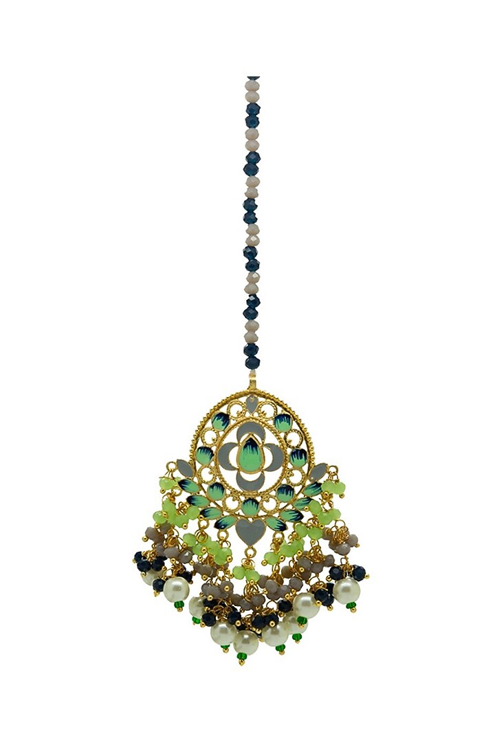 Gold Finish Beaded Enameled Meenakari Maang tikka Set by Johori at Pernia's Pop Up Shop
