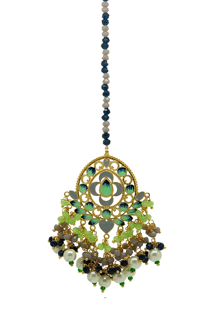 Gold Finish Beaded Enameled Meenakari Maang tikka Set by Johori at Pernia's Pop Up Shop