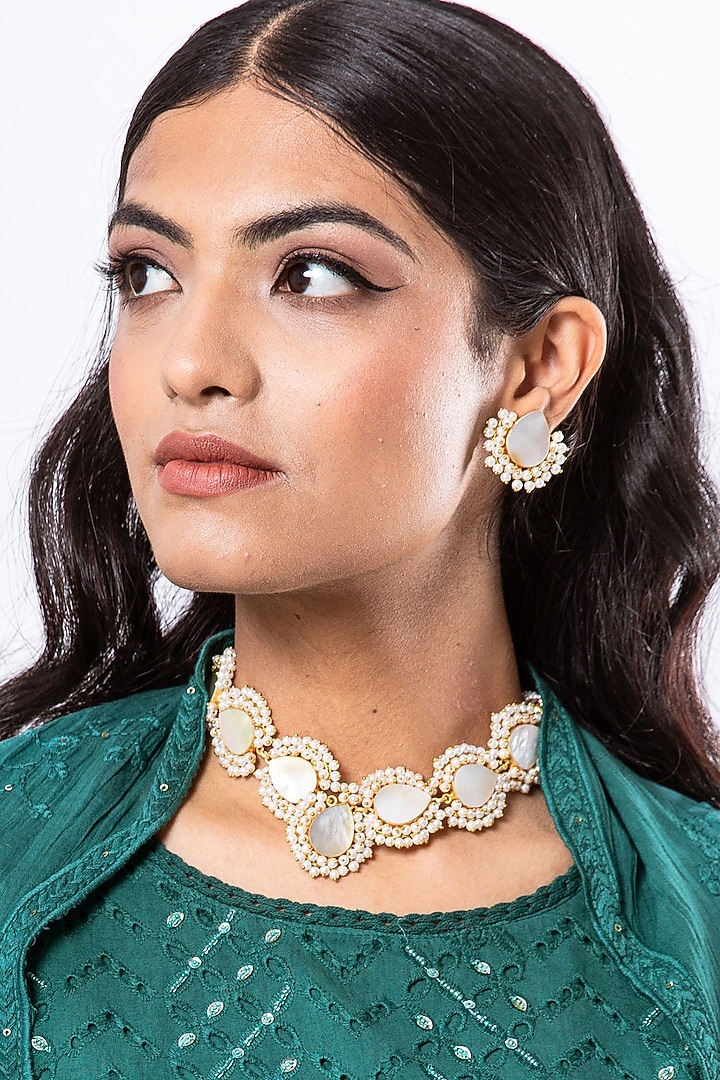 Gold Finish Mother Of Pearls Paan Shaped Necklace Set by Johori at Pernia's Pop Up Shop