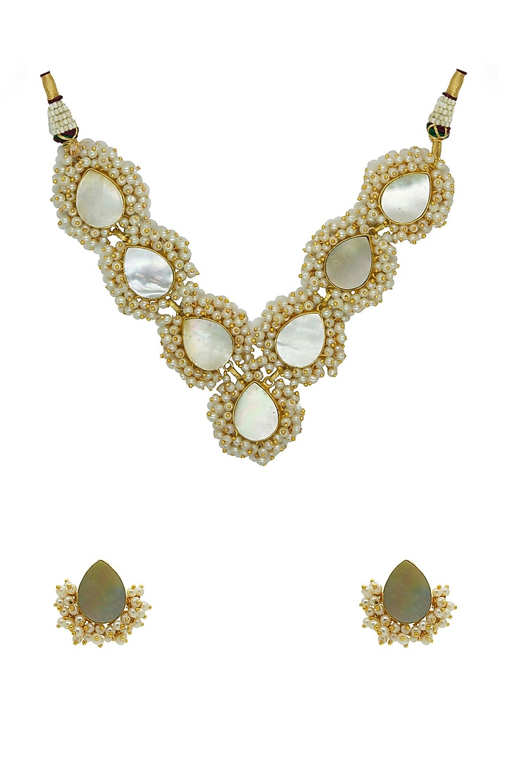 Gold Finish Mother Of Pearls Paan Shaped Necklace Set by Johori at Pernia's Pop Up Shop