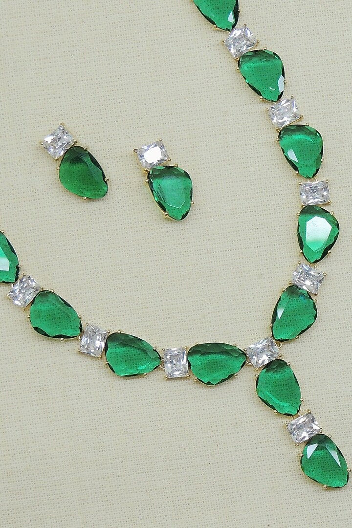 Gold Finish Emerald Synthetic Stone Necklace Set by Johori at Pernia's Pop Up Shop