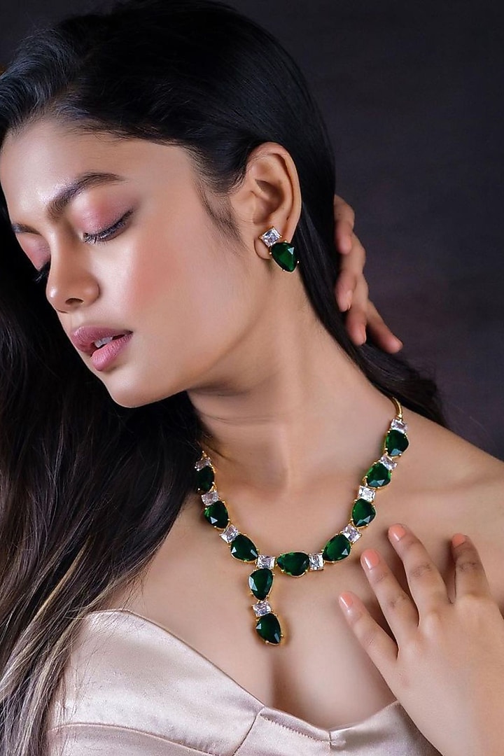 Gold Finish Emerald Synthetic Stone Necklace Set by Johori at Pernia's Pop Up Shop