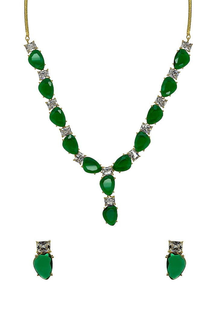 Gold Finish Emerald Synthetic Stone Necklace Set by Johori at Pernia's Pop Up Shop
