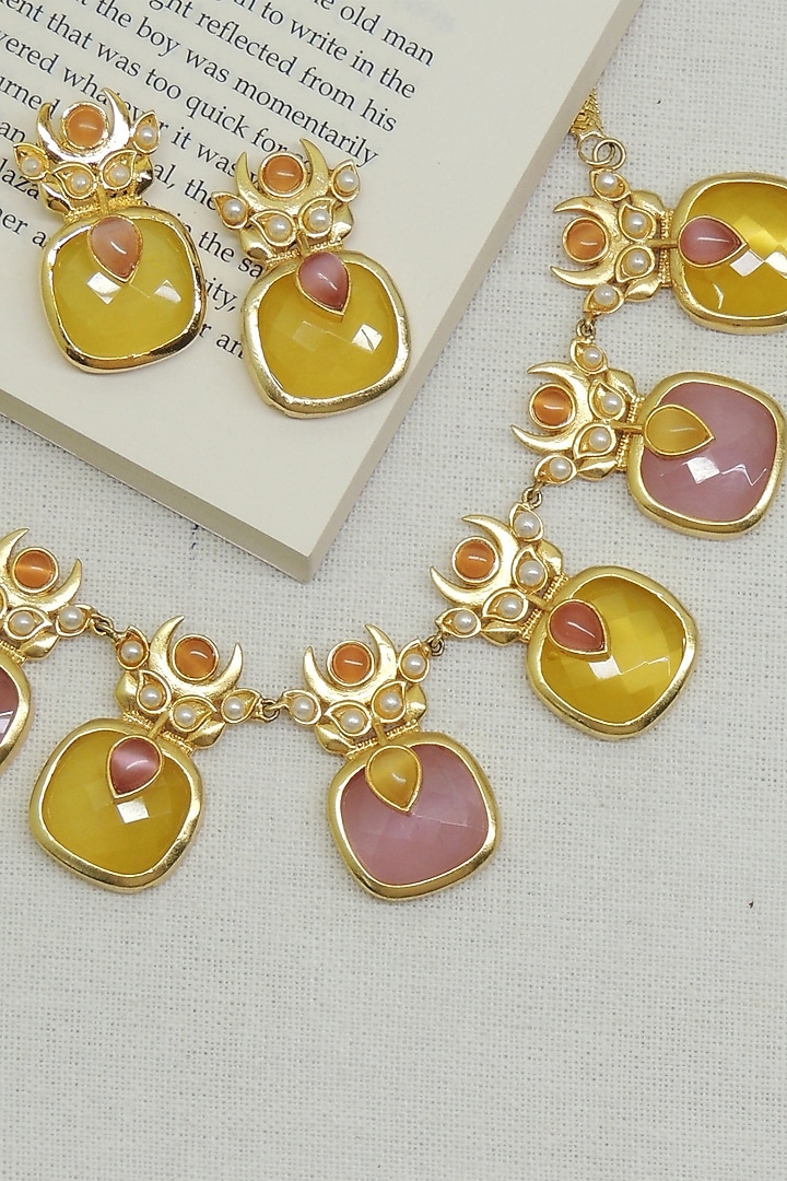 Matte Gold Finish Pink & Yellow Synthetic Stone Necklace Set by Johori at Pernia's Pop Up Shop