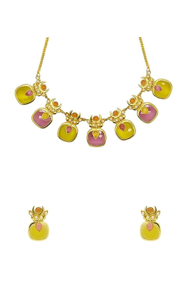 Matte Gold Finish Pink & Yellow Synthetic Stone Necklace Set by Johori at Pernia's Pop Up Shop