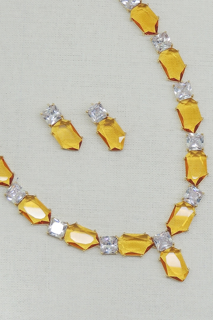 Gold Finish Champagne Synthetic Stone Necklace Set by Johori at Pernia's Pop Up Shop