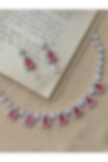 Silver Finish Pink Synthetic Stone & Zircon Necklace Set by Johori at Pernia's Pop Up Shop