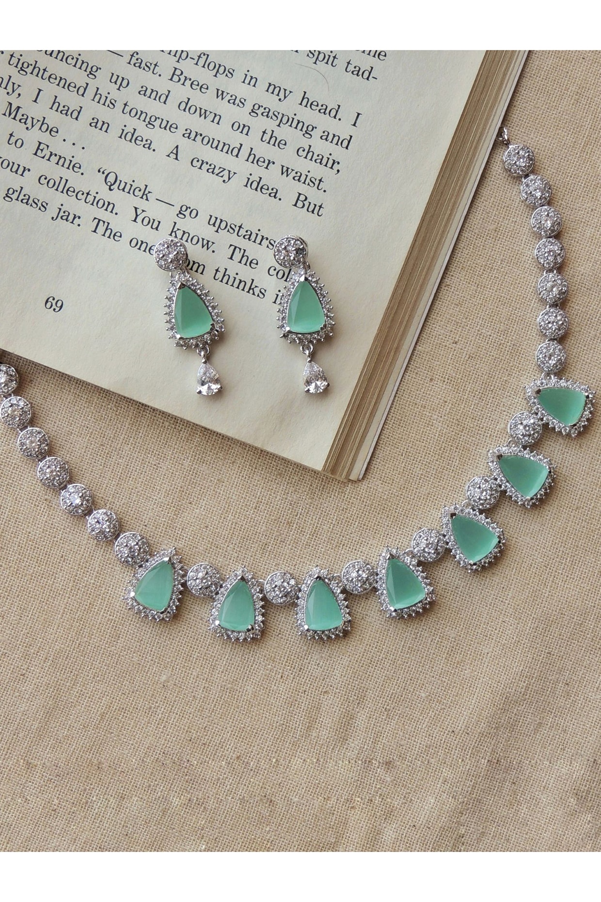 Silver Finish Mint Green Synthetic Stone & Zircon Necklace Set 
