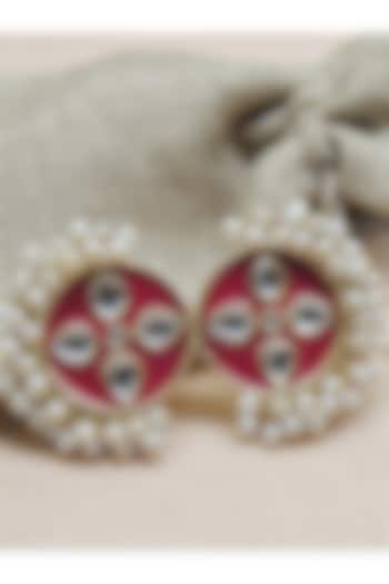 Gold Finish Kundan Polki & Pearl Rani Pink Handcrafted Meenakari Ring by Johori at Pernia's Pop Up Shop