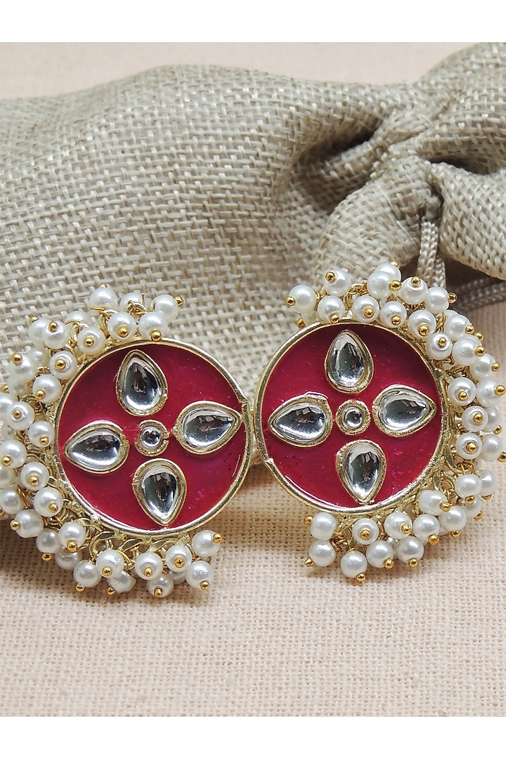 Gold Finish Kundan Polki & Pearl Rani Pink Handcrafted Meenakari Ring by Johori at Pernia's Pop Up Shop