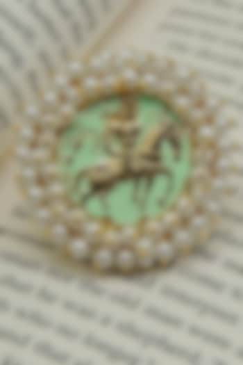 Gold Finish Pearl Green Handcrafted Meenakari Ring by Johori at Pernia's Pop Up Shop