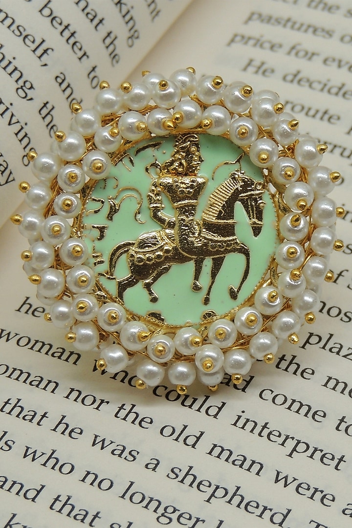 Gold Finish Pearl Green Handcrafted Meenakari Ring by Johori at Pernia's Pop Up Shop