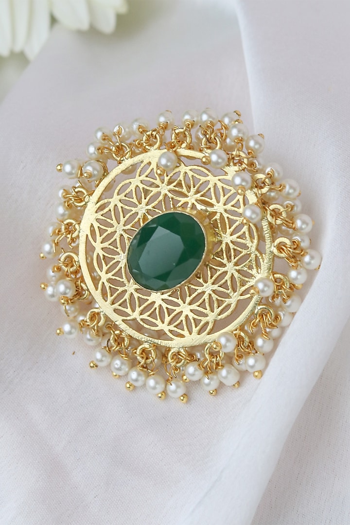 Gold Finish Green Synthetic Stone Jali Ring by Johori at Pernia's Pop Up Shop