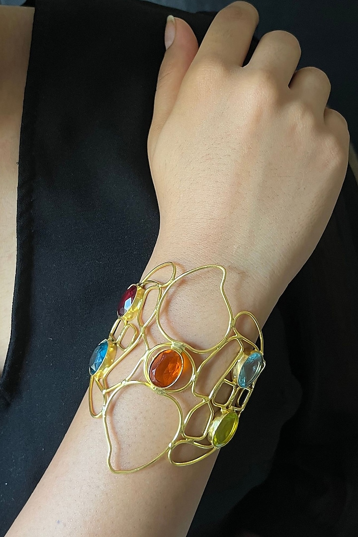 Gold Finish Multi-Colored Synthetic Stone Wired Bracelet by Johori