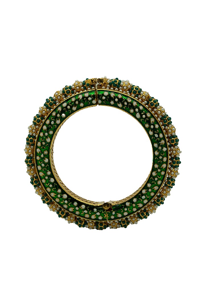 Gold Finish Jadau Ball & Pearl Meenakari Bangle by Johori at Pernia's Pop Up Shop