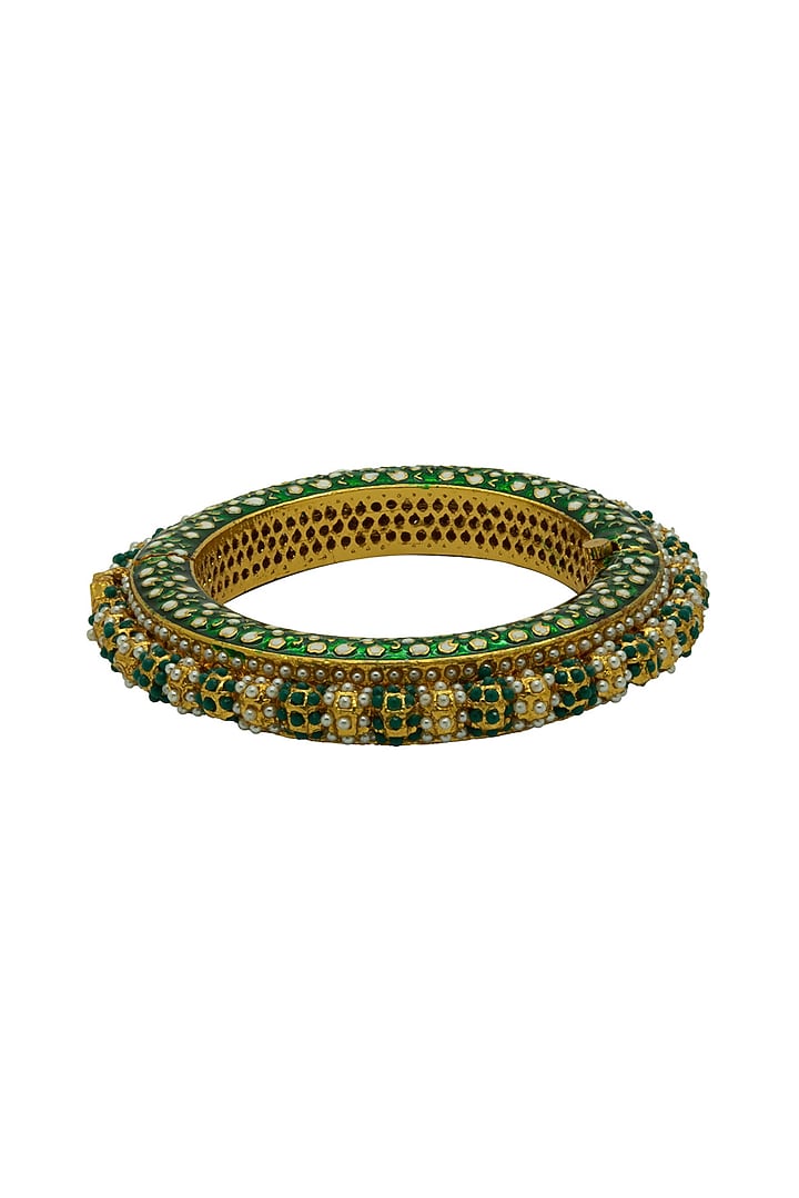 Gold Finish Jadau Ball & Pearl Meenakari Bangle by Johori at Pernia's Pop Up Shop