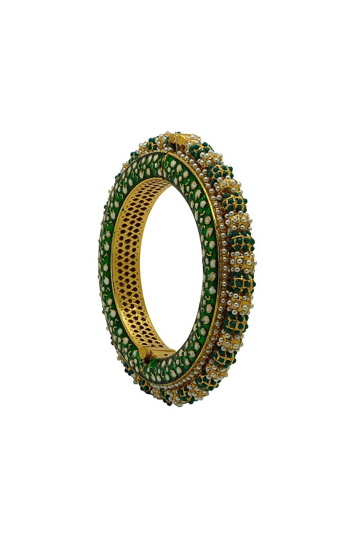 Gold Finish Jadau Ball & Pearl Meenakari Bangle by Johori at Pernia's Pop Up Shop